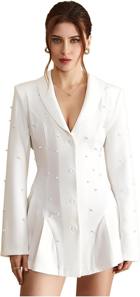 Chaqueta de mujer con cuello de solapa de perlas y botones de manga larga con volantes para el tr... | Amazon (US)