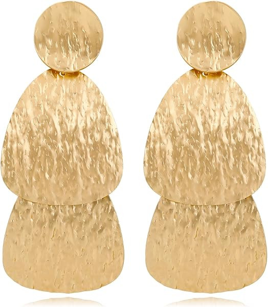Gold Earrings for Women 14k Gold Plated Lightweight Dangle Earrings Hammered Disc Drop Geometric ... | Amazon (US)