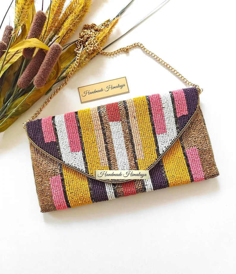 Colorful Beaded Clutch Bag, Geometric Stripe Evening Purse - Etsy | Etsy (Global)