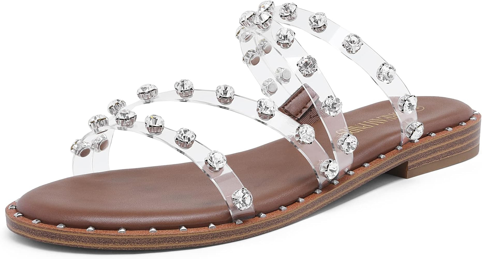DREAM PAIRS Women's Clear Studded Rhinestone Slide Sandals Slip on Open Toe Cute Flat Sandals for Su | Amazon (US)