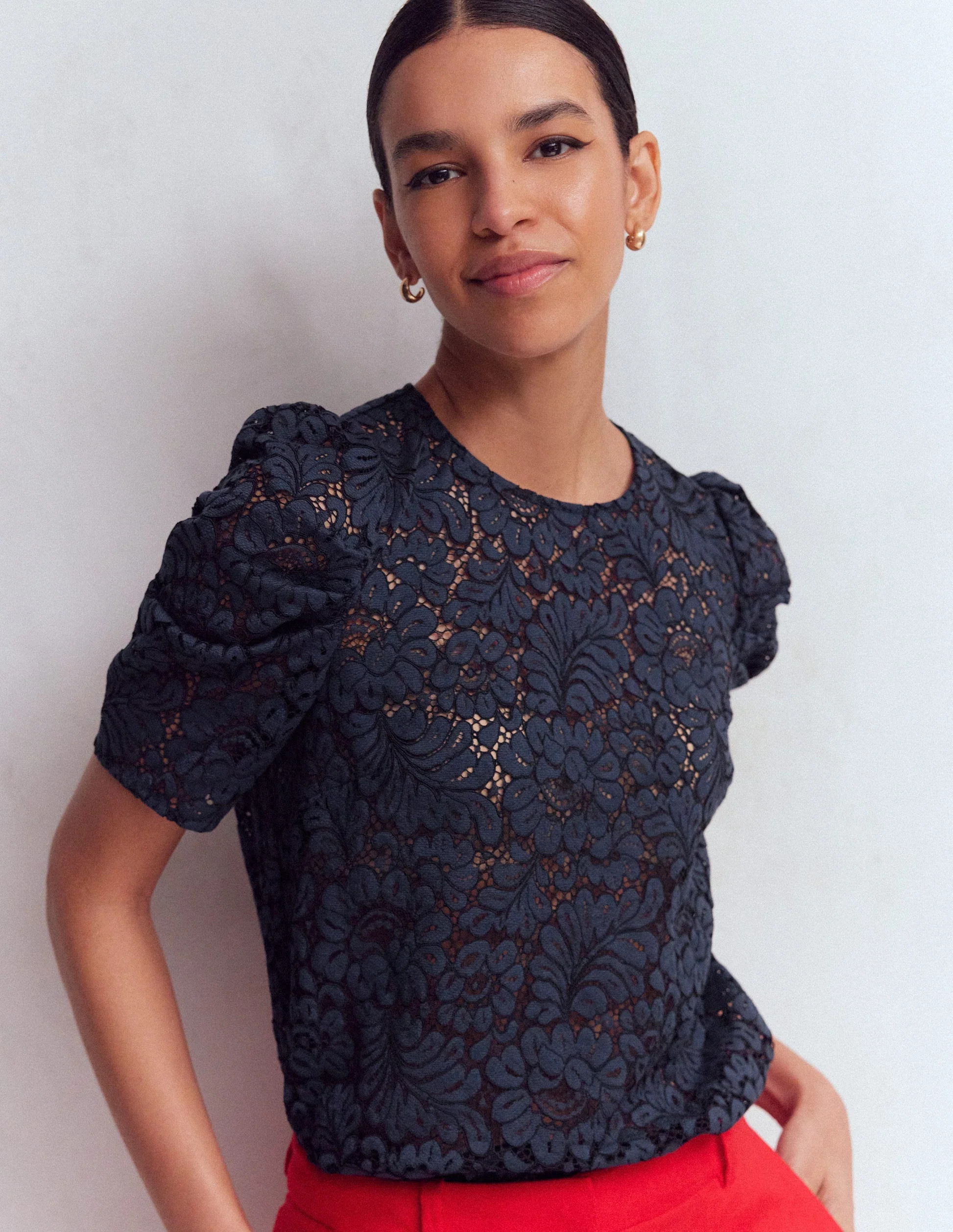 Pleat Sleeve Lace T-shirt-Navy | Boden UK