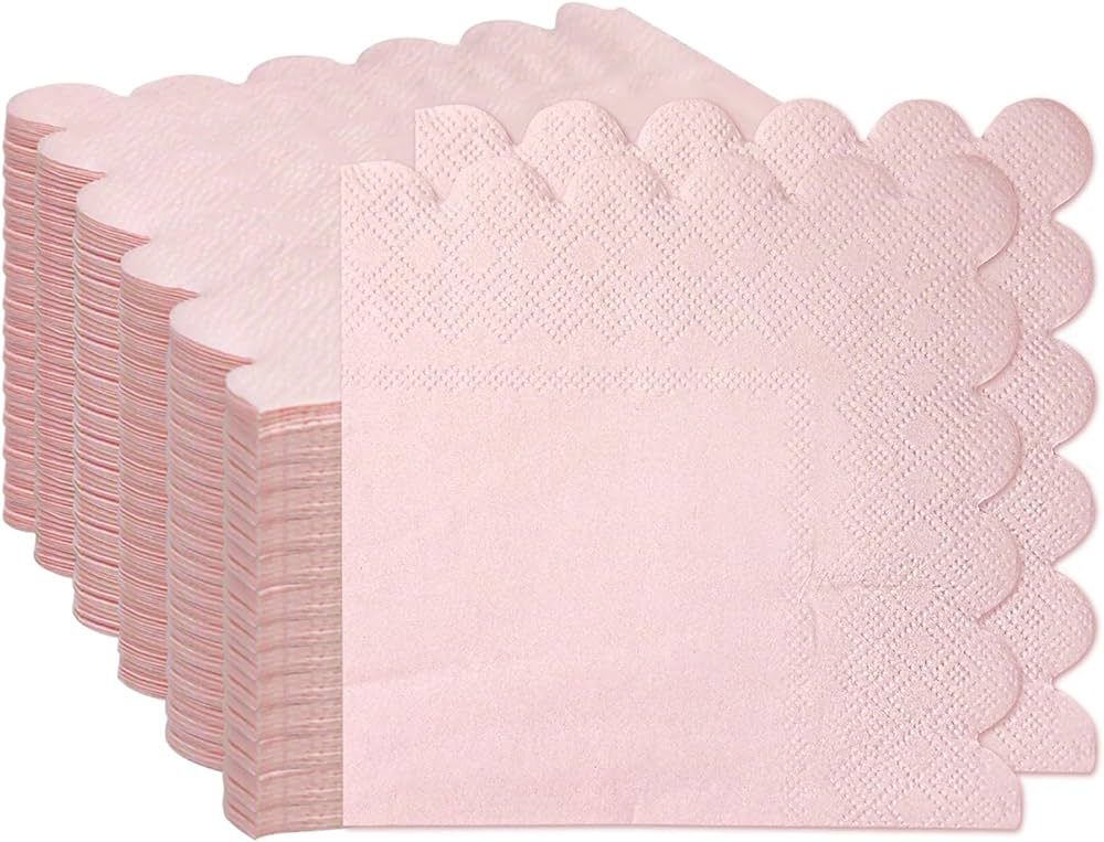 100 Pieces 2-Ply Light Pink Scalloped Napkins Folded 5 x 5 inch Disposable Cocktail Napkins Paper... | Amazon (US)