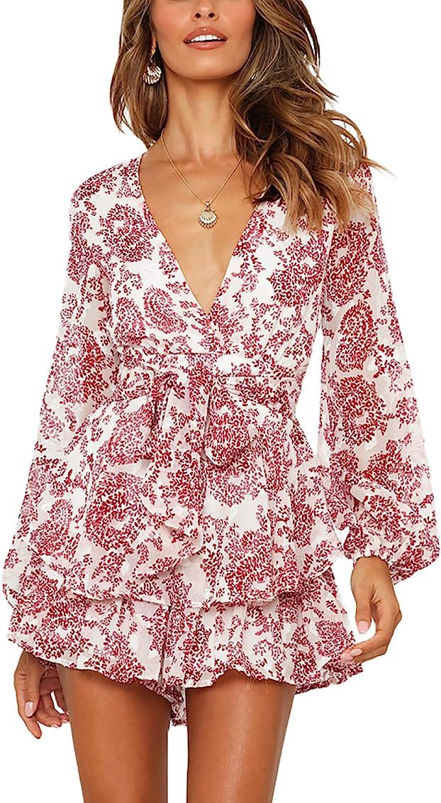 AIMCOO Women's Floral Print Deep V-Neck Romper Double Layer Ruffle Hem Jumpsuits Long Baggy Sleeves  | Amazon (US)