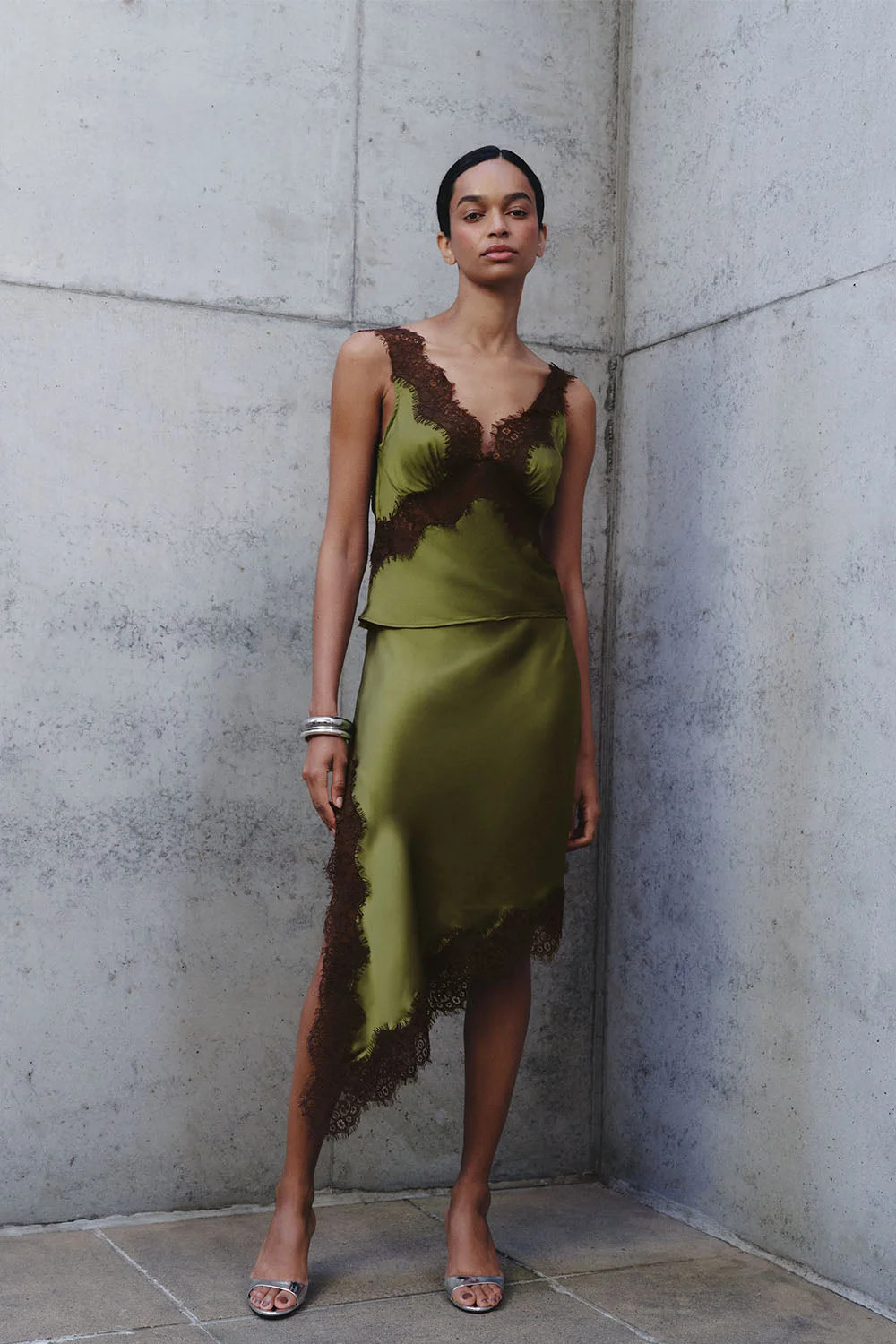 Amber Satin And Lace Midi Skirt / Olive | MESHKI | S | MESHKI US