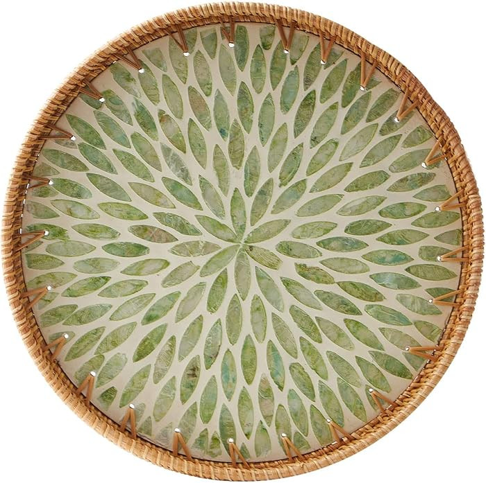 Round Rattan Tray with Mother of Pearl Inlay, Rattan Serving Tray with Wooden Base, Decorative Wi... | Amazon (US)