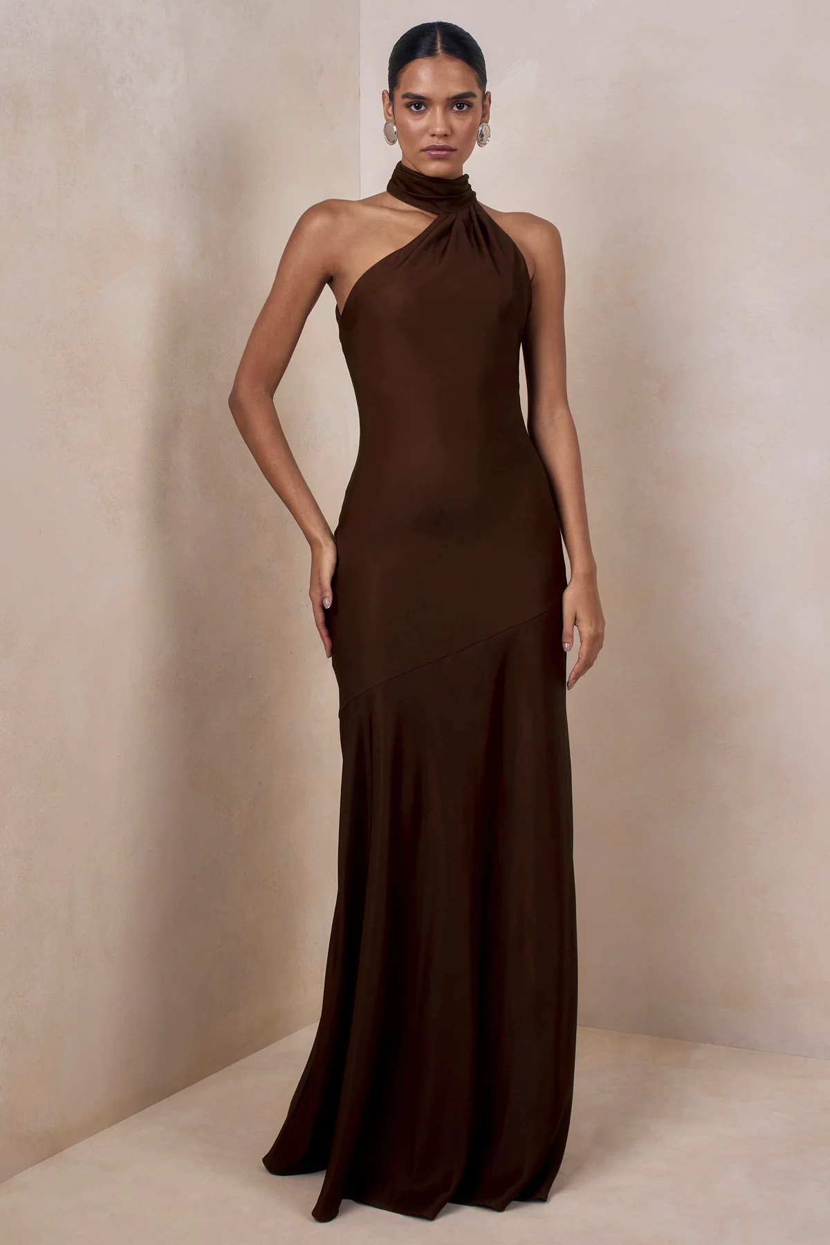 Cara  Brown Satin High-Neck Maxi Dress | Club L London