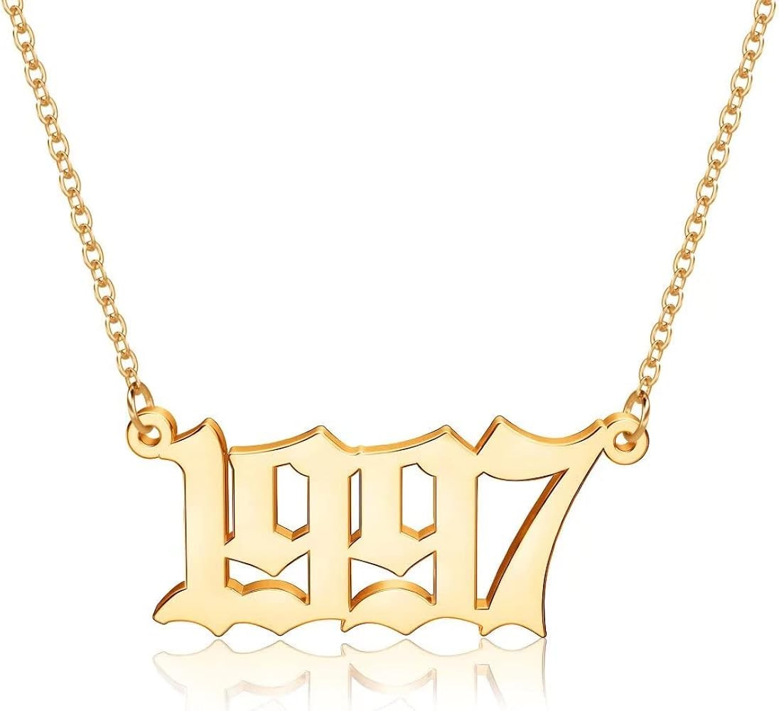 M MOOHAM Birth Year Necklace for Women, 18K Gold Plated Old English Birth Year Number Pendant Nec... | Amazon (US)