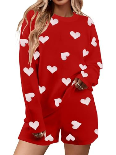 MYHALF Valentine's Day Sweater Sets Heart Sweater for Women Long Sleeve Knit Sweater and Shorts 2 Piece Outfits Red | Amazon (US)