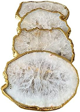 Natural Sliced White Agate Coasters for Drinks. Set of 4 Stone Geode Crystal Coasters with Plated... | Amazon (US)