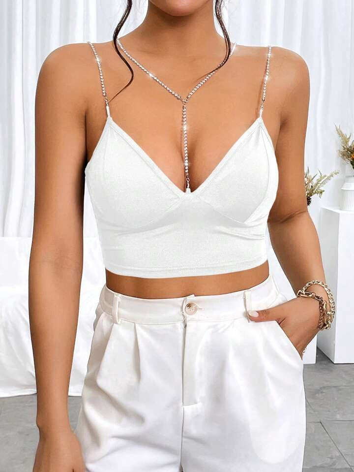 SHEIN Privé Women Solid Color Cami Top With Crystal Strap For Valentine's Day, Dating And Partie... | SHEIN