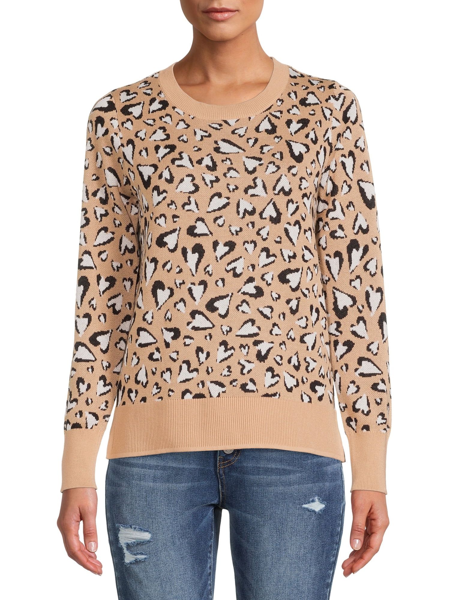 Time and Tru Women's Leopard Hearts Sweater - Walmart.com | Walmart (US)