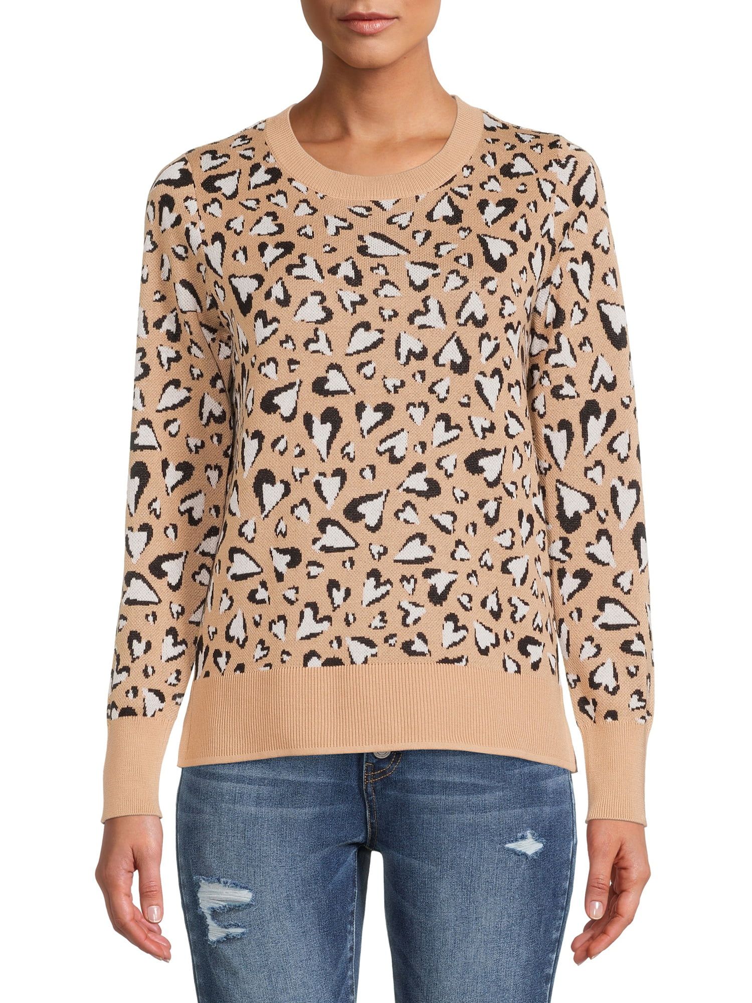 Time and Tru Women's Leopard Hearts Sweater | Walmart (US)