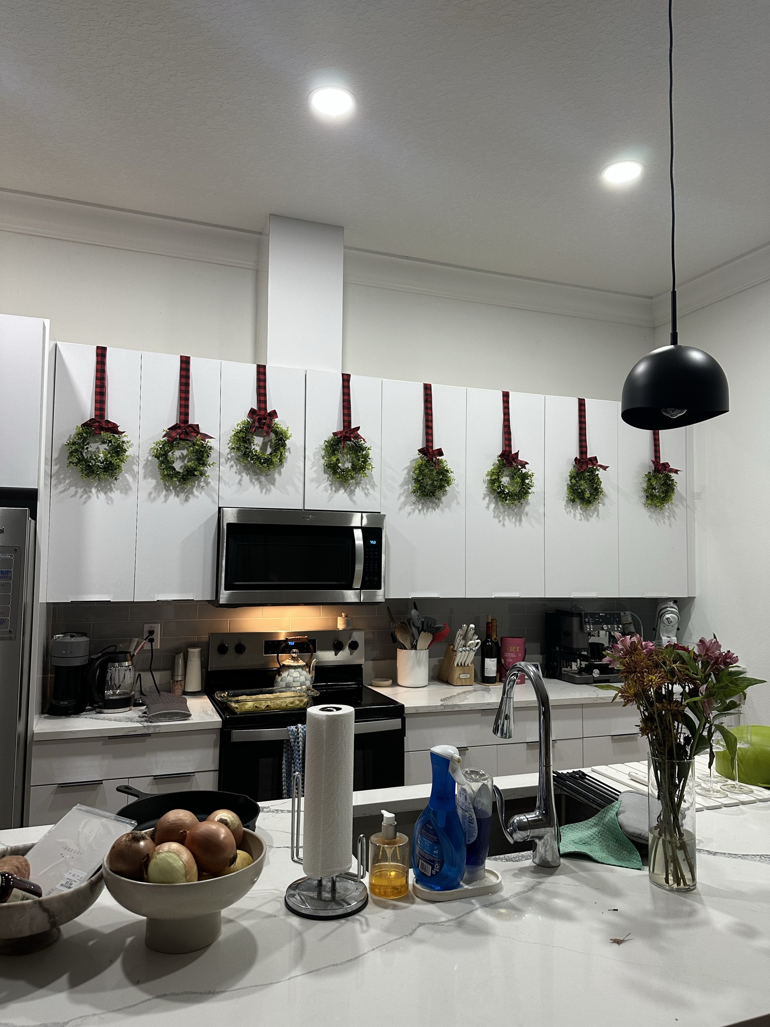 WILLBOND 4 Pcs Christmas Kitchen Cabinet Wreath Boxwood Garland with Ribbon Greenery Garland Hanging Wreaths for Cabinet Wall Window Door Fireplace Party Farmhouse Decor(Black and Red,Fabric

#LTKHome #LTKSeasonal #LTKHoliday