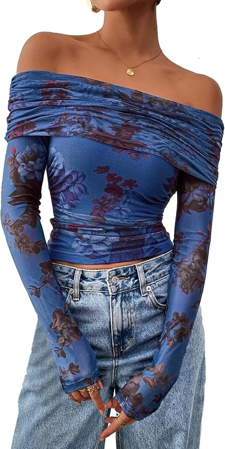 PRETTYGARDEN Women's Fall Tops 2025 Off The Shoulder Long Sleeve Fitted Y2k Shirts Floral Ruched ... | Amazon (US)