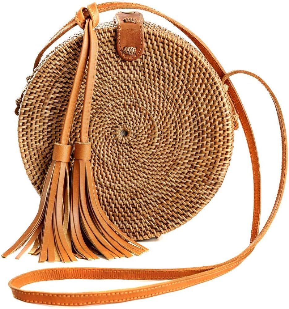 Novum Crafts Rattan Bags for Women - Handmade Wicker Woven Purse Handbag Circle Boho Bag Bali … | Amazon (US)