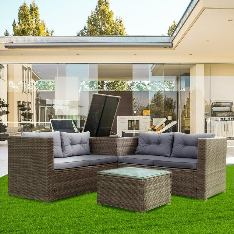 4 Piece Patio Furniture Set, All-Weather Outdoor Sectional Sofa Set, PE Rattan Conversation Set w... | Walmart (US)