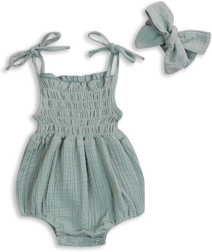 KCSLLCA Baby Girls Sleeveless Romper Set Sling Backless Jumpsuit Outfits with Headband | Amazon (US)