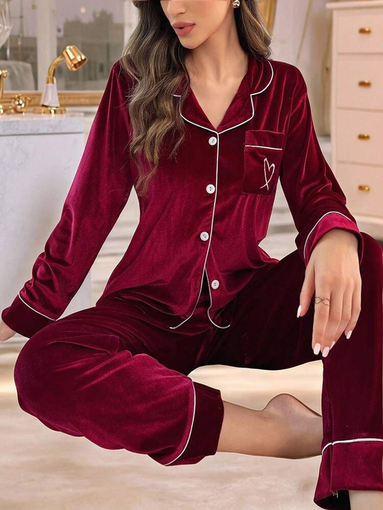 LocalLuxeNights Contrast Trim Patch Pocket Long Sleeve Top & Pants Fluffy Pajama Set, Velvet Lounge Set, Fall Winter Clothes, Cozy
4.94
(500+)
 | SHEIN