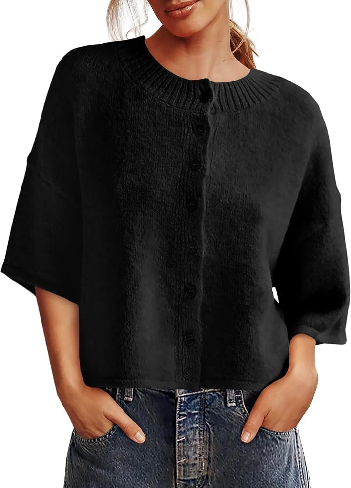 Saodimallsu Womens 3/4 Sleeve Cardigan Sweater Button Down Cropped Crewneck Cardigan 2025 Fall Ca... | Amazon (US)