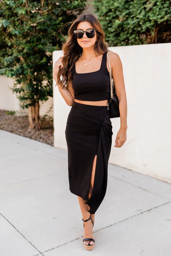 The Nightlife Black Wrap Midi Skirt | The Pink Lily Boutique