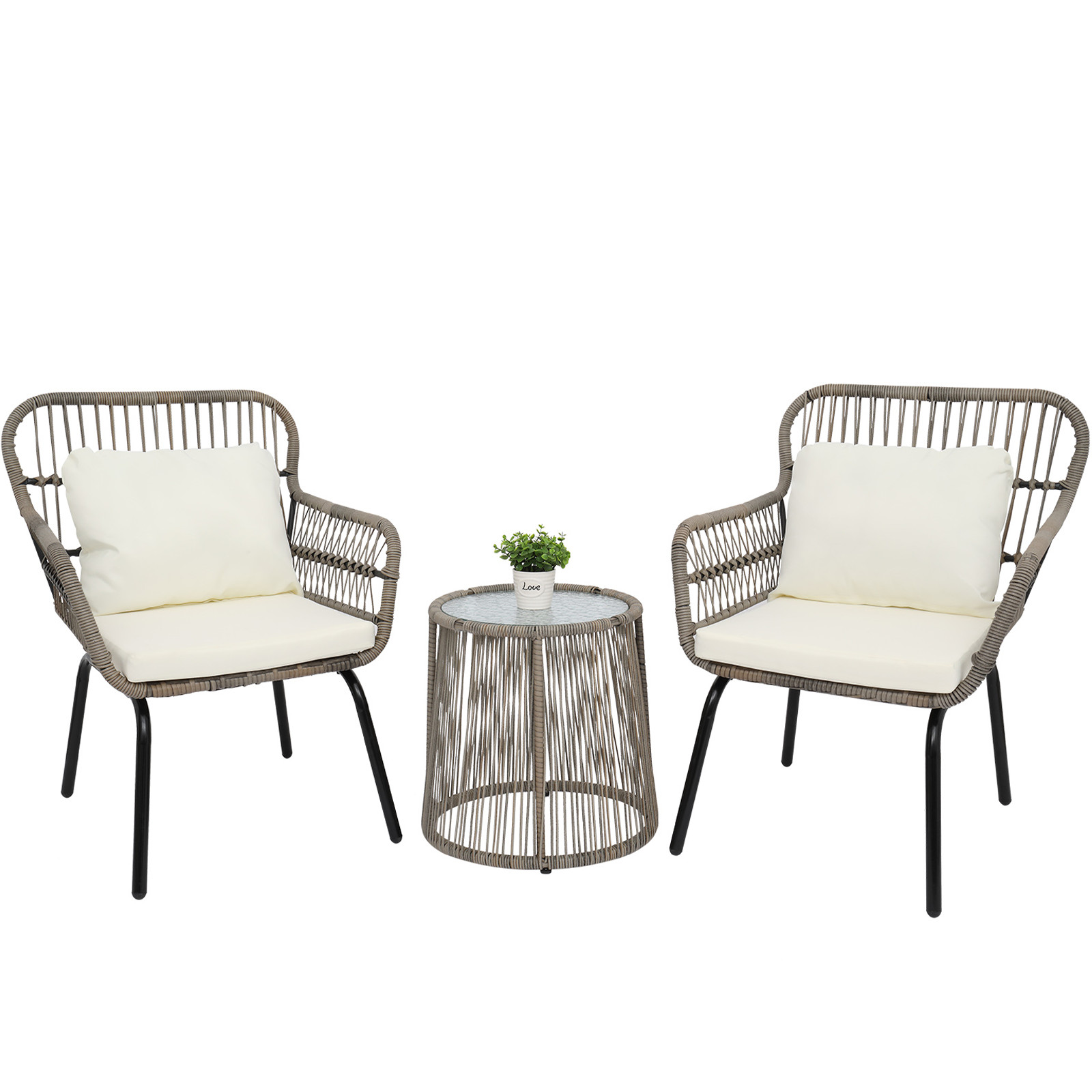 LONGGLE 3-Pcs Rattan Bistro Set with Tempered Glass Coffee Table | Walmart (US)