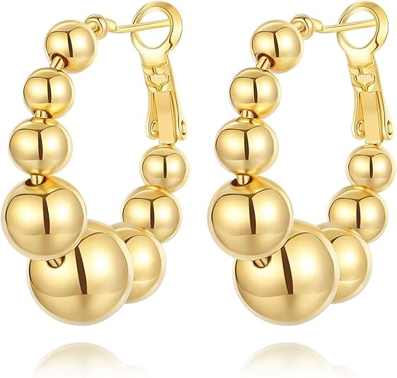 18K Gold Plated Beaded Hoop Earrings for Women, Thick Silver Ball Earrings, Women's Chunky Hoop E... | Amazon (US)