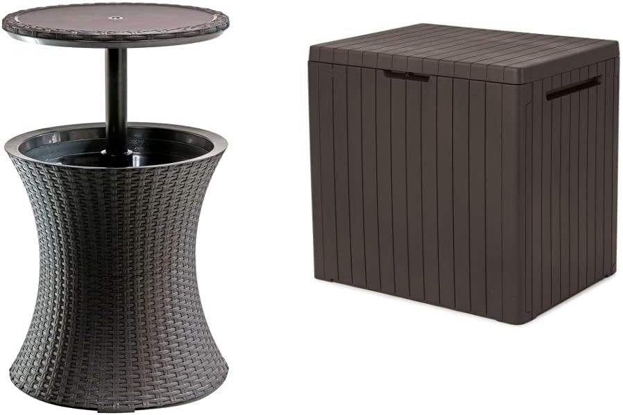 Keter Outdoor Patio Furniture and Hot Tub Side Table with 7.5 Gallon Beer and Wine Cooler, Brown ... | Amazon (US)