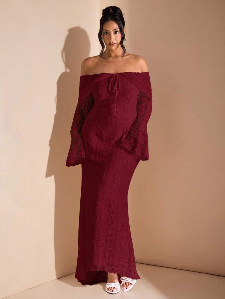 SHEIN BAE Women's Elegant Off Shoulder White Lace Long Sleeve Maxi Mermaid Dress, Suitable For Wedding, Party, Bridesmaid Dress,White Graduation Dress/Christmas | SHEIN