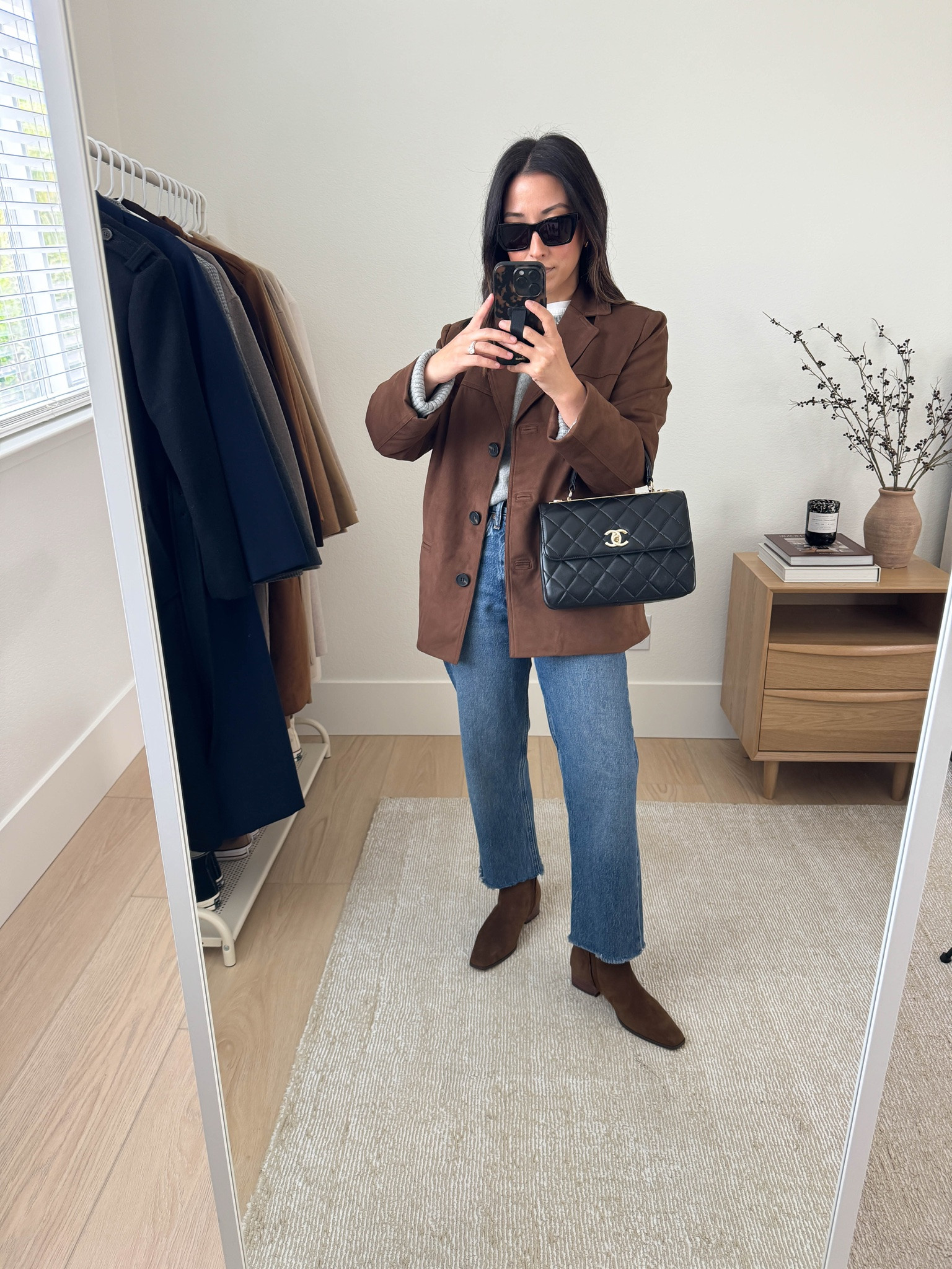 Fall workwear outfit ideas with denim

Velvet + Graham suede blazer xs - old
Everlane cashmere sweater xs
AGOLDE 90's Mid Rise crop 24 - size down, fit like a high rise
Steve Madden boots 5.5 - color is old
Chanel Trendy cc small
YSL sunglasses