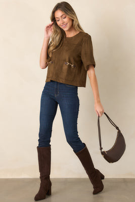 Take the Reins Brown Suede Short Sleeve Pocket Top L / Brown | Red Dress