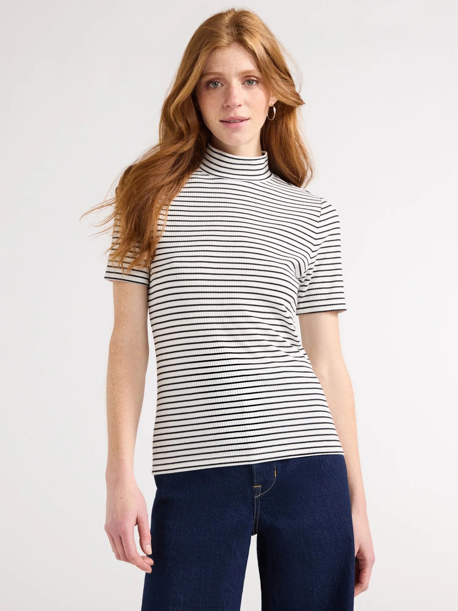 Free Assembly Women's Ribbed Mock Neck Top with Short Sleeves, Sizes XS-XXL | Walmart (US)