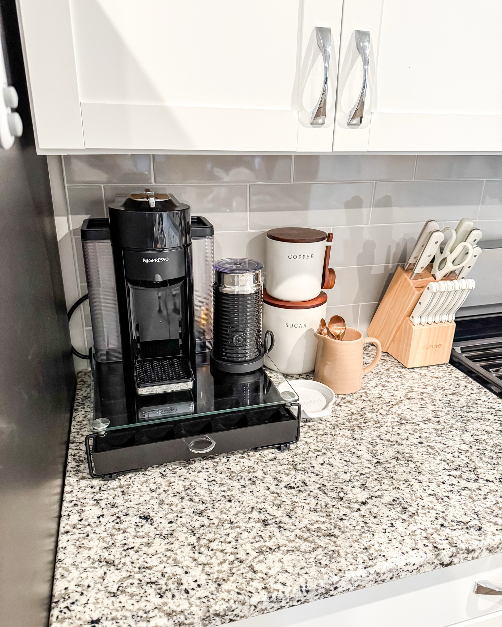 I got this storage container for all of my nespresso pods but now I need to have an appliance roller because my cabinets are too low, but I love the set up either way 

#LTKHome