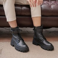 Handmade Women's Black Leather Combat Boots - Chunky Sole Lace-Up With Side Zipper & Ankle Buckled Strap | Etsy (US)