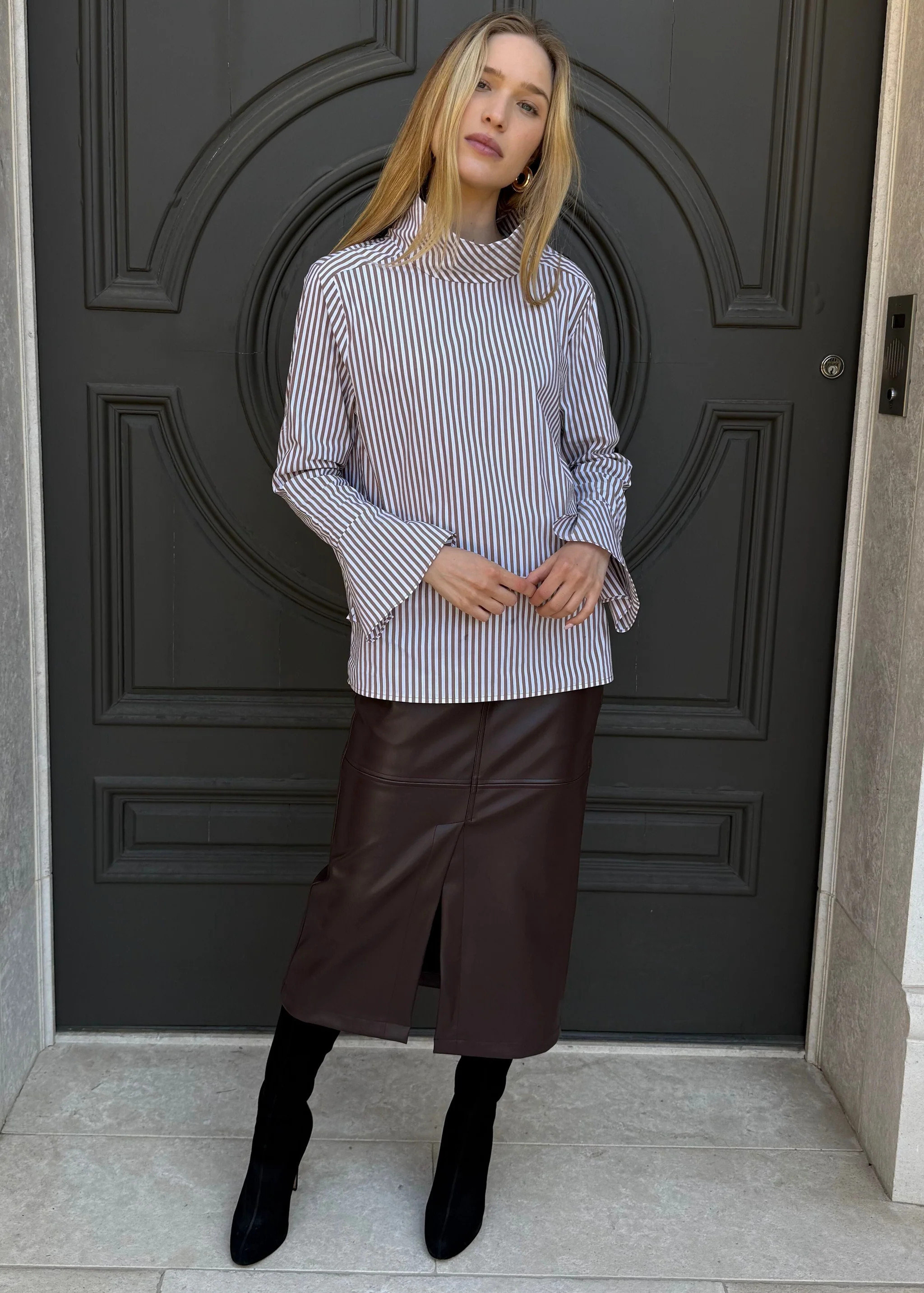 Kya Striped Long Sleeve Button Blouse - Brown | Benaar La