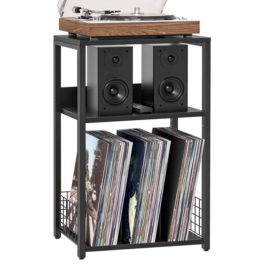 LELELINKY Large Black Record Player Stand, 3 Tier 18" Wide Big End Table with Vinyl Storage Up to... | Amazon (US)