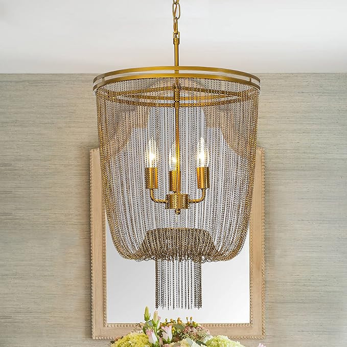 ALOADECOR 3-Light 15.7" Modern Chainmail Chandeliera Farmhouse Antique Brass Metal Chain Tassel C... | Amazon (US)