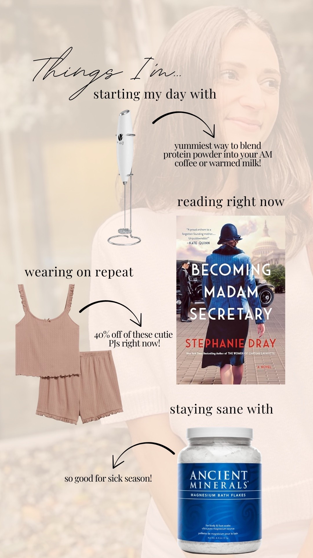 My latest faves:

1. This simple milk frother is everything to blend my AM protein into warmed coffee (also works with coffee). Absolute game changer (and great gift idea!)

2. This book is one I've thought about so much since finishing, fascinating story about the first female cabinet member and all that she accomplished!

3. Cutest PJ set and under $25 on sale right now!'

4. These flakes for body aches during cold season (or after a tough workout) are life savers. Great for kids and adults! 

#LTKKids #LTKSaleAlert #LTKFamily