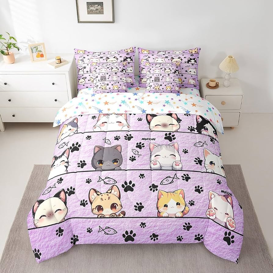Manfei Cartoon Cat Comforter Set with Sheets 7 Pcs King Size,Kitten Kitty Pet Purple Comforter Bl... | Amazon (US)