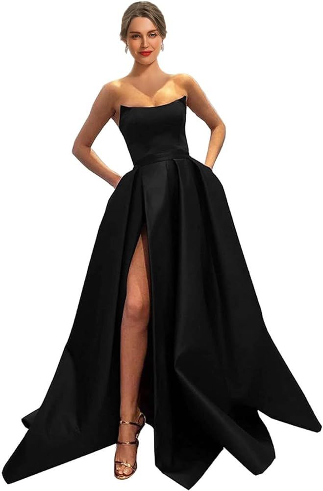 MllesReve Womens Long Strapless Satin Prom Dress Sleeveless Slit Evening Ball Gown with Pockets | Amazon (US)