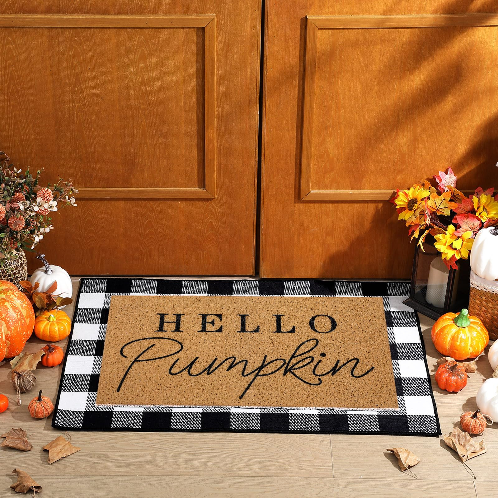 2 Pcs Fall Door Mat Hello Pumpkin Welcome Non Slip Coir Mats Thanksgiving Black White Plaid Harve... | Amazon (US)