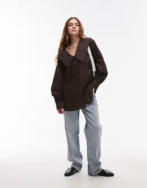 Topshop poplin femme collar shirt in brown | ASOS | ASOS (Global)