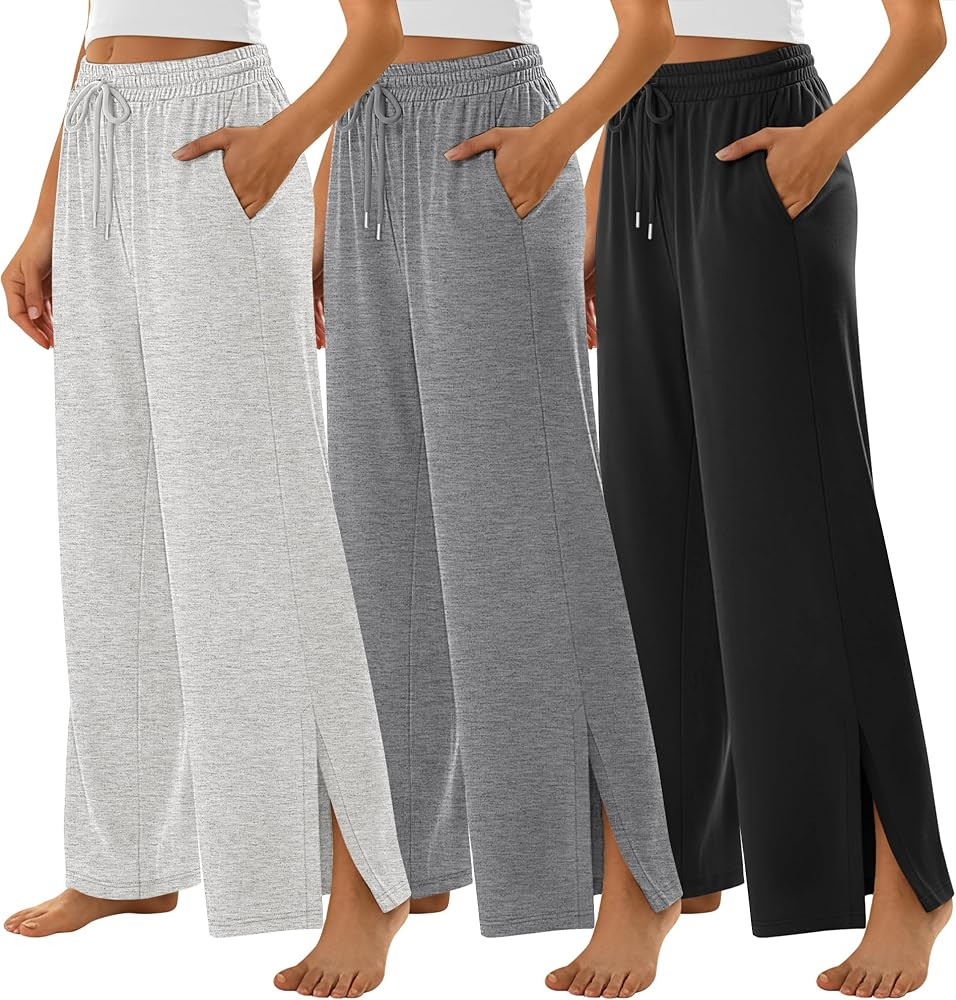 3 Pack Women's Wide Leg Sweatpants Split Hem Lounge Pants Casual Baggy High Waisted Drawstring Sw... | Amazon (US)