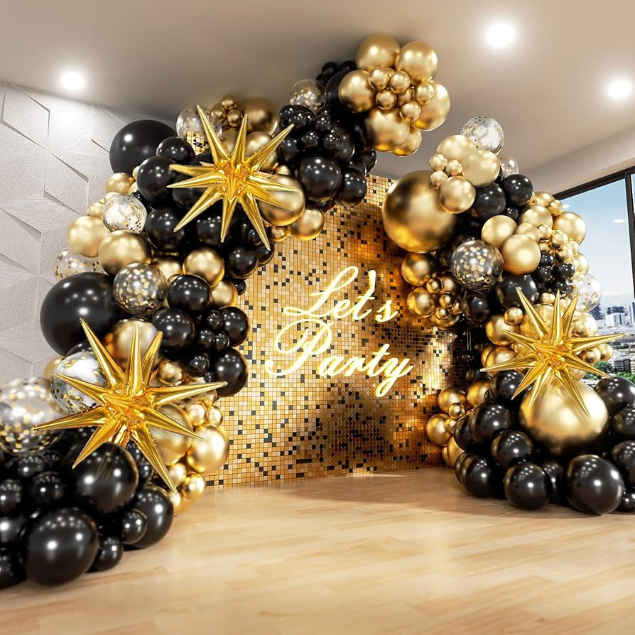 FOTIOMRG Black and Gold Balloons Garland Arch Kit with Starburst Foil Balloons, 5 10 12 18inch Bl... | Amazon (US)