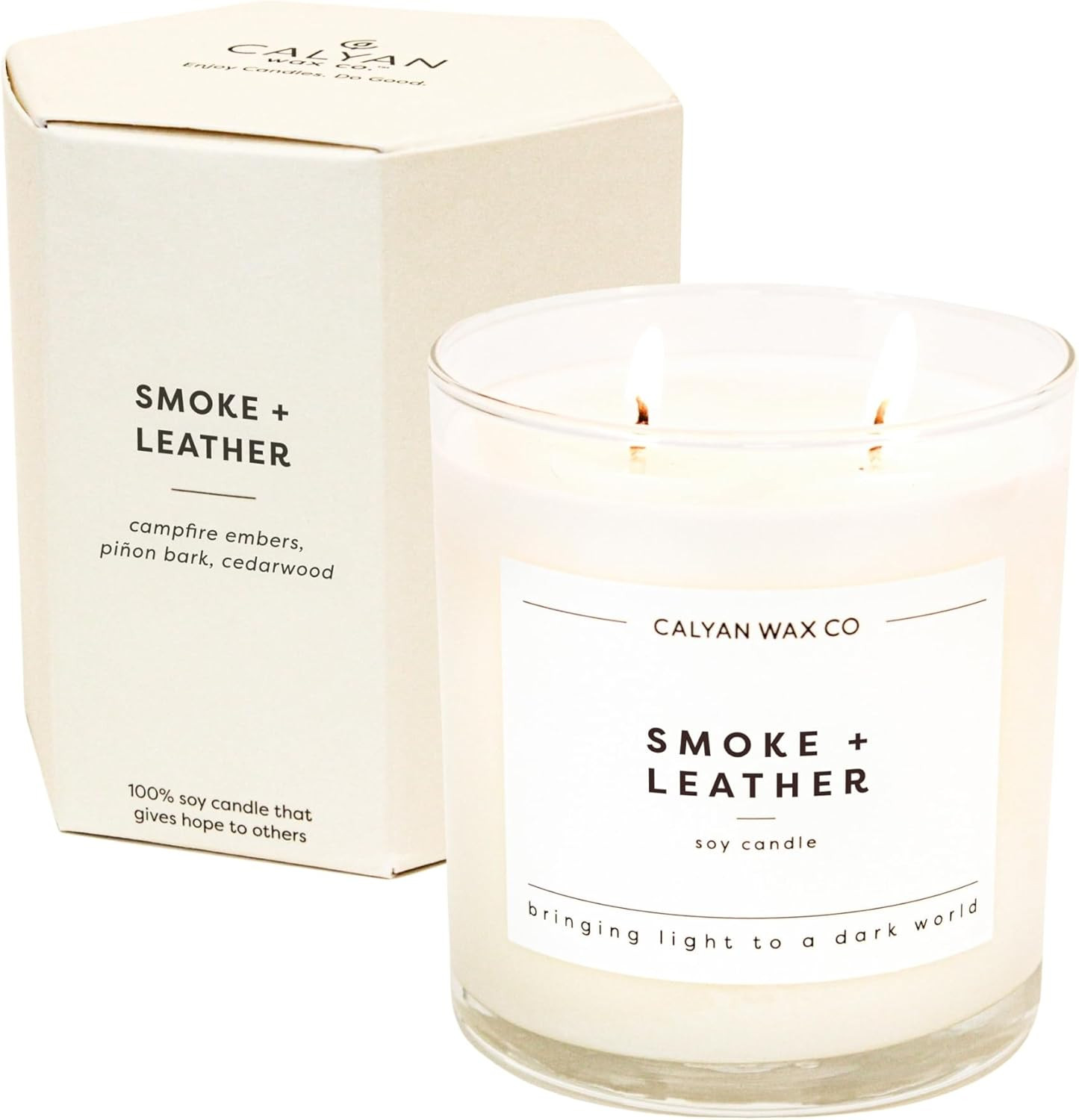 Calyan Wax Co. 2 Wick Candle, Smoke + Leather Scented Candle, 37 Hour Burn Time, Aromatherapy Soy... | Amazon (US)