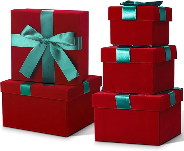 Tenceur 5 Pcs Christmas Gift Boxes Red Assorted Gift Square Boxes with Lids Velvet Gifts Box Birt... | Amazon (US)