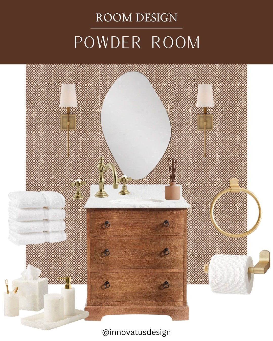 An elegant and light powder room design 🫧 Use a statement wallpaper behind a beautiful walnut vanity and brass accessories to give an elevated look.

#LTKluxury #LTKhome #LTKfamily