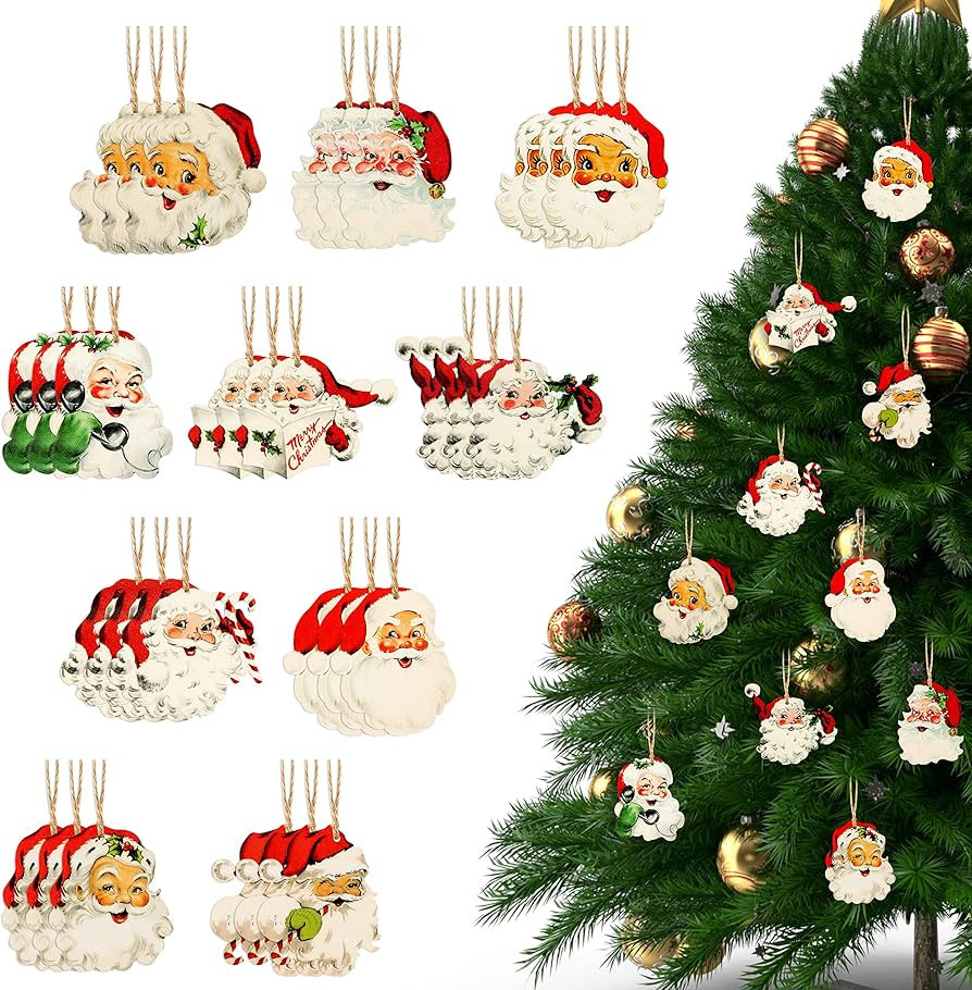 L1rabe 31Pcs Christmas Tree Decorations Wood Santa Pendant Set Santa Head Hanging Ornaments Chris... | Amazon (US)