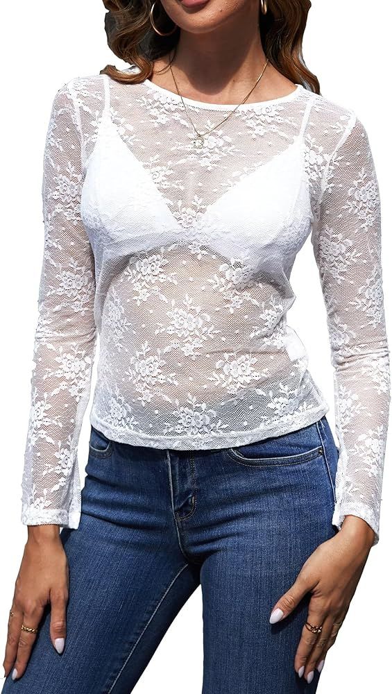 Dressmine Womens Lace Mesh Long Sleeve Layering Top Embroidery Sheer Y2K Going Out Summer Sexy Fl... | Amazon (US)