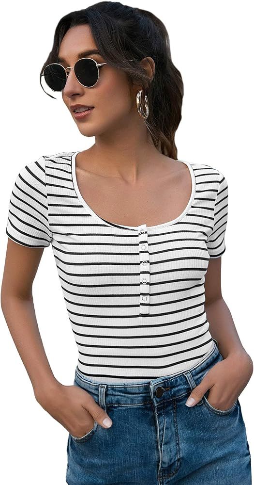 SweatyRocks Women's Short Sleeve Scoop Neck Rib Knit Striped T Shirt Tops | Amazon (US)