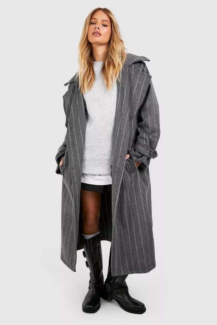 Oversized Pinstripe Shoulder Pad Midi Wool Look Coat | boohoo (US & Canada)